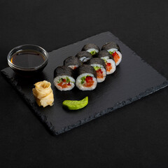 Japanese fish snacks. Roles with fish. Delicious Sushi.