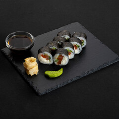 Japanese fish snacks. Roles with fish. Delicious Sushi.