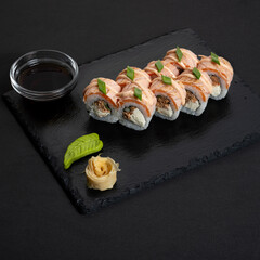 Rolls with red fish. Sushi with red fish. Japanese snack.