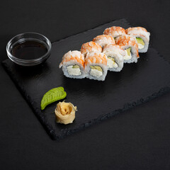 Rolls with red fish. Sushi with red fish. Japanese snack.