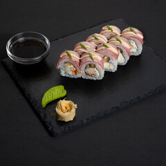 Rolls with red fish. Sushi with red fish. Japanese snack.