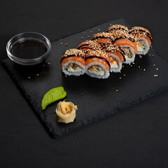 Rolls with red fish. Sushi with red fish. Japanese snack.