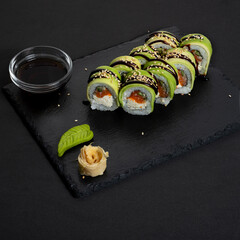 Sushi with fish and mango. Delicious Sushi. Beautiful sushi.