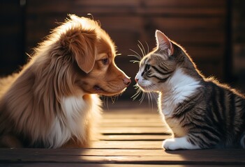 Adorable kitten and puppy show off their unlikely friendship: a touching scene for pet lovers - obrazy, fototapety, plakaty