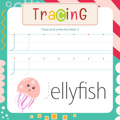 Letter Tracing Flash Card. Writing Letter J uppercase and lowercase, trace J in word Jellyfish.  Worksheet to teach kids handwriting practice. Vector lined page for textbook