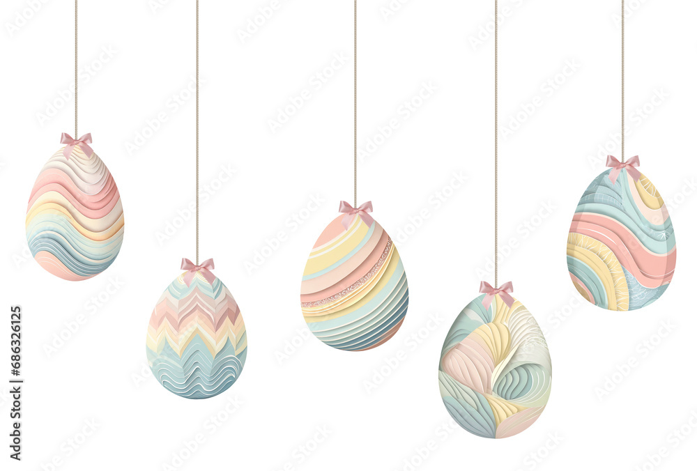 Wall mural Group of pastel coloured paper easter eggs decorations hanging on a string isolated cutout on transparent