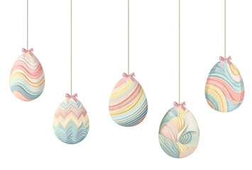 Group of pastel coloured paper easter eggs decorations hanging on a string isolated cutout on transparent