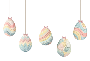 Group of pastel coloured paper easter eggs decorations hanging on a string isolated cutout on transparent