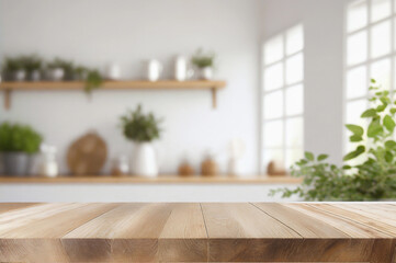 Empty brown wooden countertop with defocused white bright modern kitchen background, can be used for product placement - obrazy, fototapety, plakaty