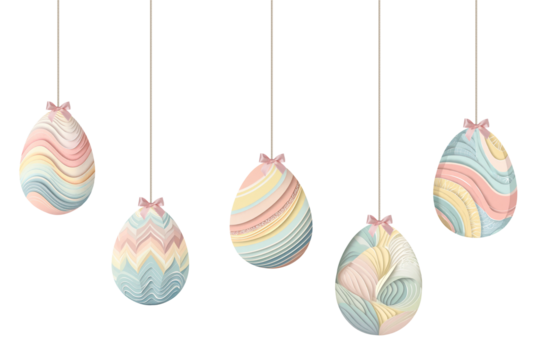 Group of pastel coloured paper easter eggs decorations hanging on a string isolated cutout on transparent - Powered by Adobe