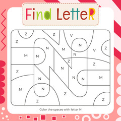 Coloring page for Letter Tracing Book. Color by letter N. Flash card for toddler and teacher. Vector printable page for Activity book