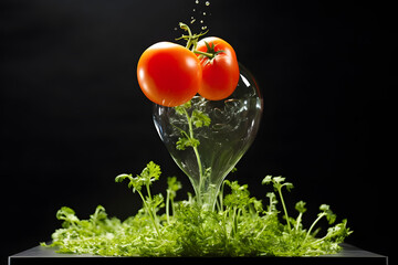 tomatoes levitating in the air in water and with herbs
