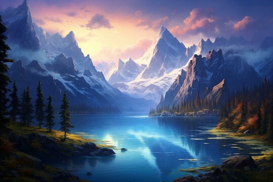 An artwork depicting a serene lake nestled amidst majestic mountains. Generative AI