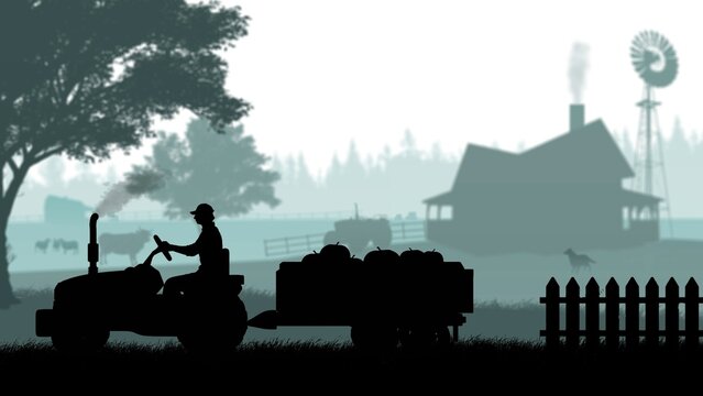 Portrait of gardener on graphic background with farm house and trees, isolated with alpha channel. Black silhouette of man farmer driving tractor trailer with pumpkins.