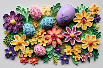 Handcrafted Easter postcard featuring quilled eggs and floral accents. Generative AI