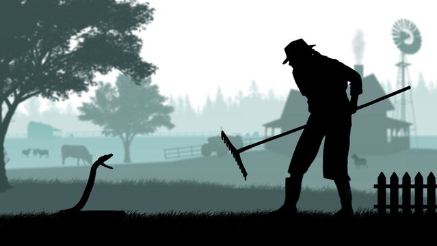 Portrait of gardener on graphic background with farm house and trees, isolated with alpha channel. Black silhouette of woman farmer holding rake haunting snake.