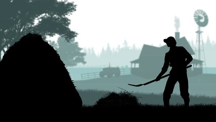 Portrait of gardener on graphic background with farm house and trees, isolated with alpha channel. Black silhouette of man farmer holding pitchfork near hay pile.