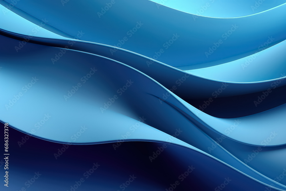 Wall mural curvy waving ribbons abstract background with folded textile ruffle, blue cloth macro