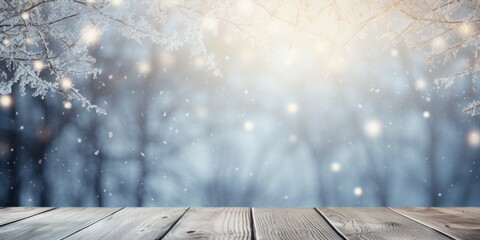 Vintage empty wooden table with a winter backdrop - Nostalgic charm meets frosty elegance - Soft, diffused light casting a cozy ambiance, capturing the essence of the winter season - obrazy, fototapety, plakaty