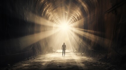 Silhouette of a person walking in a tunnel into a light at the end of the tunnel