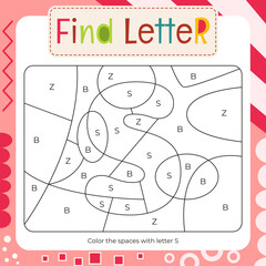 Coloring page for Letter Tracing Book. Color by letter S. Flash card for toddler and teacher. Vector printable page for Activity book