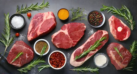  Set of different raw steaks, top view, isolated © D'Arcangelo Stock