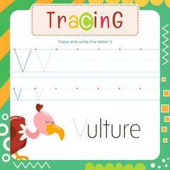 Letter Tracing Flash Card. Writing Letter V uppercase and lowercase, trace V in word Vulture.  Worksheet to teach kids handwriting practice. Vector lined page for textbook