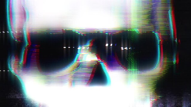 Creepy evil woman spirit materializing in haunted house, glitchy old tv effect