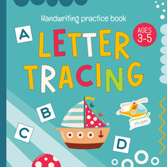 Cover template for Kids activity book, letter tracing book. Square format. Vector illustration