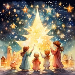 Christmas illustration for children and fairy tales gene  with cute houses  - obrazy, fototapety, plakaty