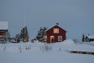 JUKKASJARVI, SWEDEN - NOVEMBER 26 2023: Christmas market in the old village near Kiruna in Jukkasjarvi.