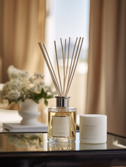 Aroma reed diffuser on table in stylish interior oposit window