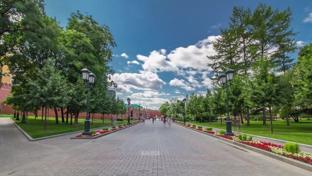Fast run through the Alexander's garden to Pashkov House. Popular touristic landmark by the Moscow Kremlin, Russia timelapse hyperlapse