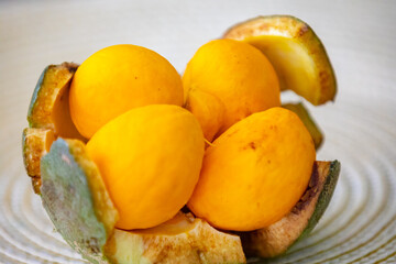 Naklejka na ściany i meble Ripe Pequi fruit (Caryocar brasiliense), wild fruits typical of the Brazilian cerrado biome.
