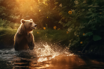 Brown bear near the river and catches salmon.