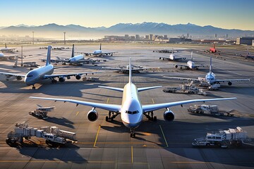 Expansive View of an Airport, Wide-Angle Perspective Showcasing Planes, Runways, and Air Freight Operations