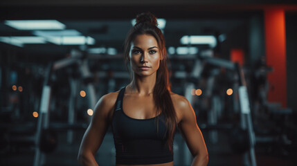 Fototapeta premium Modern athlete's portrait in a high-tech gym, focused on training, wearing smart fitness gear