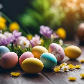 vibrant colored painted eggs and fresh picked flowers arranged atop its surface