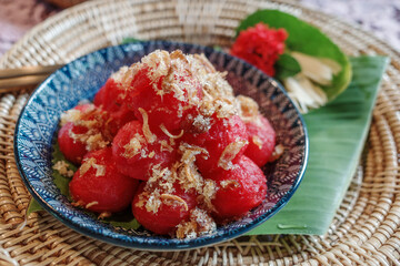 Crispy Dried Fish with Watermelon, traditional Thai dessert. 