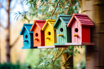 Row of colorful bird houses hanging from tree branch.