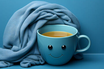 Blue cup a sad face with scarfcoffee on blue background. Blue monday concept. The most depressing day of the year The day commit suicide and depression motivation, third monday January - obrazy, fototapety, plakaty