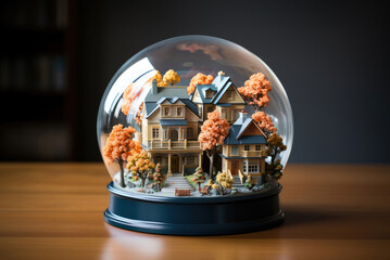 Miniature house in a glass ball with trees in autumn on a table in the interior of the house