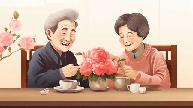 Japanese married couple sitting at the table, grandfather, grandmother, old man, mature woman, Japan, Asians, elderly people's day, pensioner, retired, family, lunch, tea party, traditional ceremony