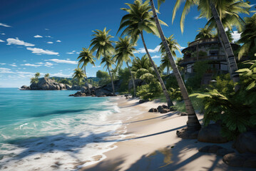 Oceanfront with palm trees and white sand on the shore. Tropical summer holidays and vacations