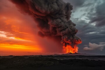 (2:3) stunning eruption with lava streaming and ash clouds at sunset. Generative AI