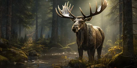 Papier Peint photo Orignal a large elk in a foggy forest wanders along a river in the rays of sun, banner, poster
