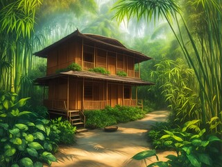 Wooden house made of bamboo, in the jungle