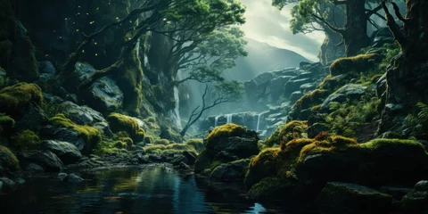 Photo sur Plexiglas Rivière forestière landscape of a beautiful green mystical forest with a stream, banner, poster