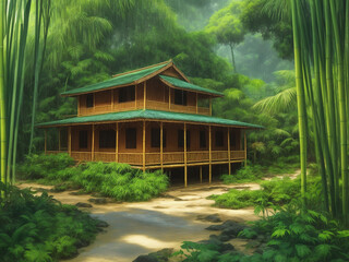 Wooden house made of bamboo, in the jungle