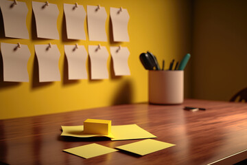 close-up of yellow sticky notes on a desk